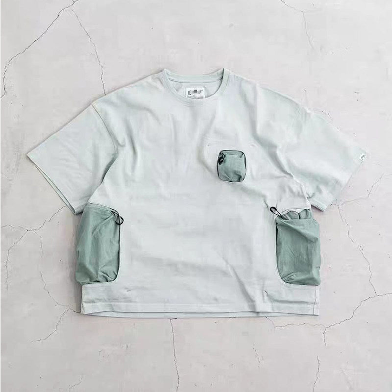 Mountain Functional Large Pocket Drop Shoulder T-Shirt - Loose Casual Outdoor Crew Neck Short Sleeve Tee for Men