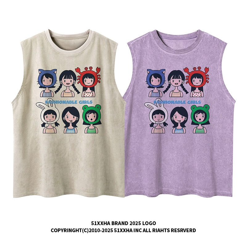 Vintage little girl print vest for men and women summer oversize couple sleeveless T-shirt