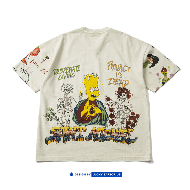 Summer new hand-painted graffiti high street round neck heavy wash high weight cotton loose casual short-sleeved T-shirt men