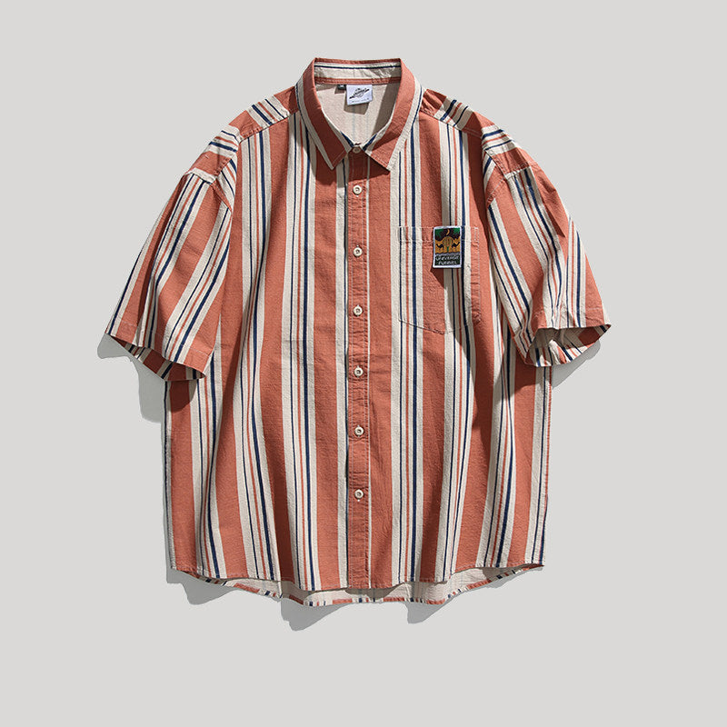 Contrast Vertical Stripe Short Sleeve Shirt – Niche Genderless Casual – Japanese vintage | yamalin clothes | Yamalinclothes