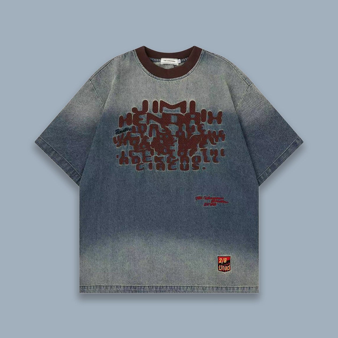 تيشيرت WOODOO بتصميم أمريكي ريترو مغسول متدرج الحروف إبداعي بأكمام قصيرة للرجال والنساء