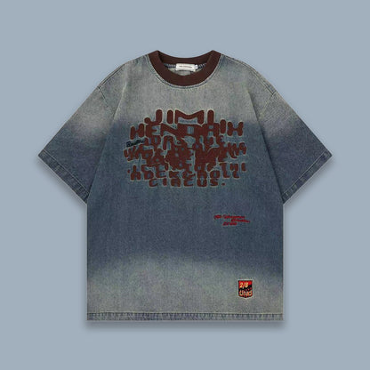 تيشيرت WOODOO بتصميم أمريكي ريترو مغسول متدرج الحروف إبداعي بأكمام قصيرة للرجال والنساء