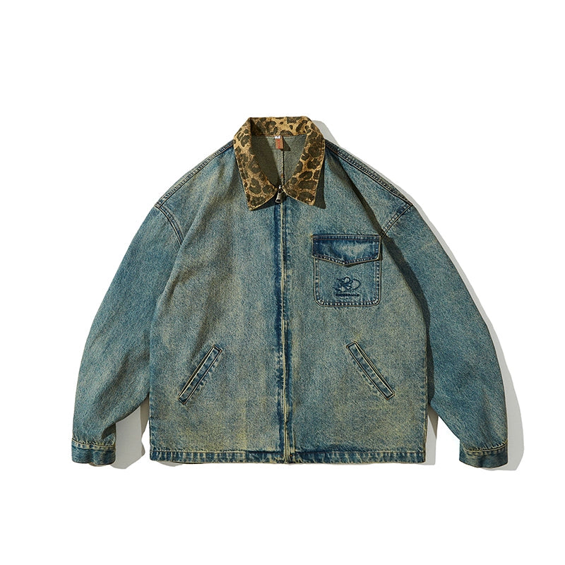 Japanese vintage autumn wash distressed denim jacket men's autumn fashion brand leopard print lapel patchwork embroidered jacket