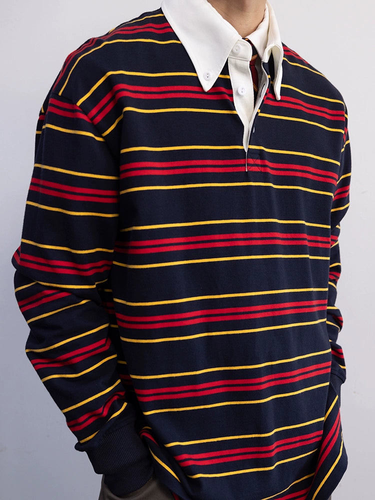 2025 STRIPED BUTTON-DOWN NECK RUGBY SHIRT LONG SLEEVE STYLE YOUTH NO-IRON POP COLOR MATCHING POP