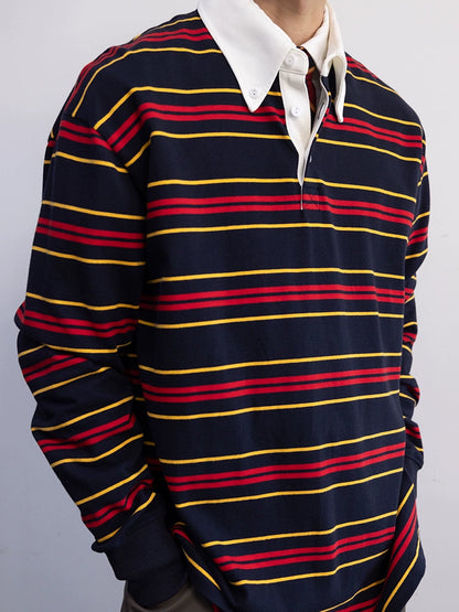 2025 STRIPED BUTTON-DOWN NECK RUGBY SHIRT LONG SLEEVE STYLE YOUTH NO-IRON POP COLOR MATCHING POP
