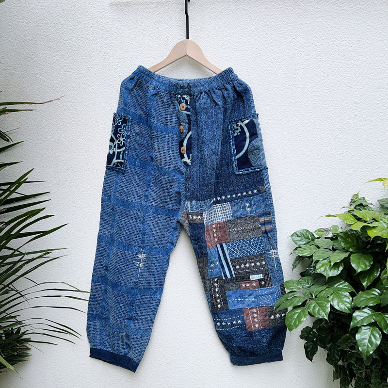 New Thailand handmade thorn embroidery patchwork washed cotton casual pants comfortable blue dyed pants