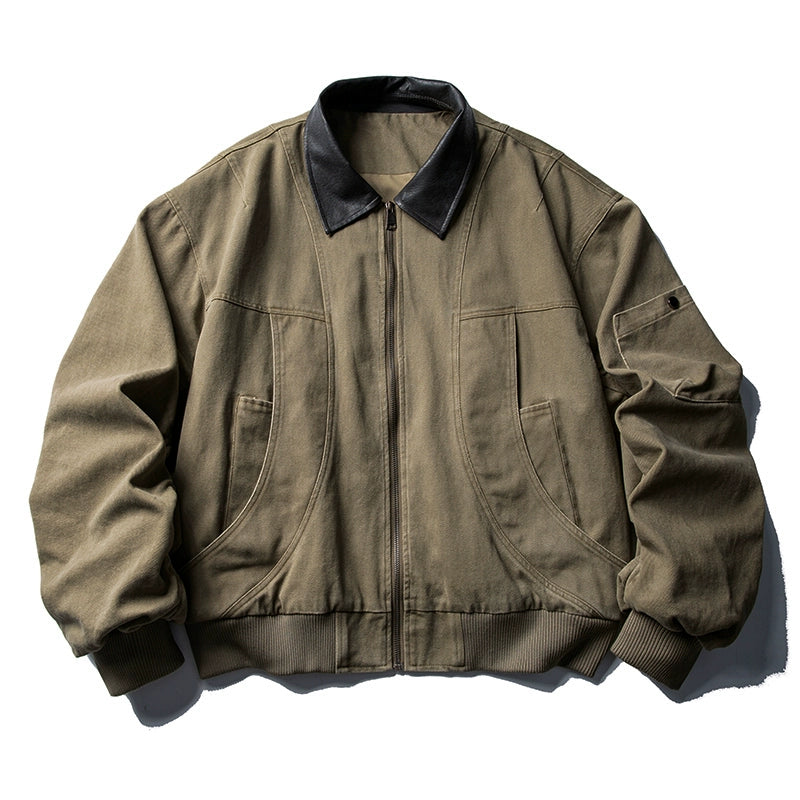 Vintage Washed Leather-Collar Cargo Jacket – Loose Barn Style (Unisex)