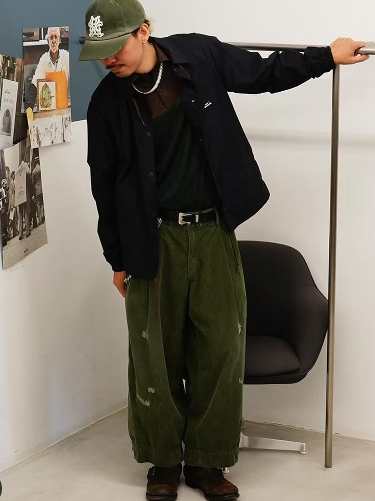 Japanese two-tone casual trend distressed unisex loose corduroy pants
