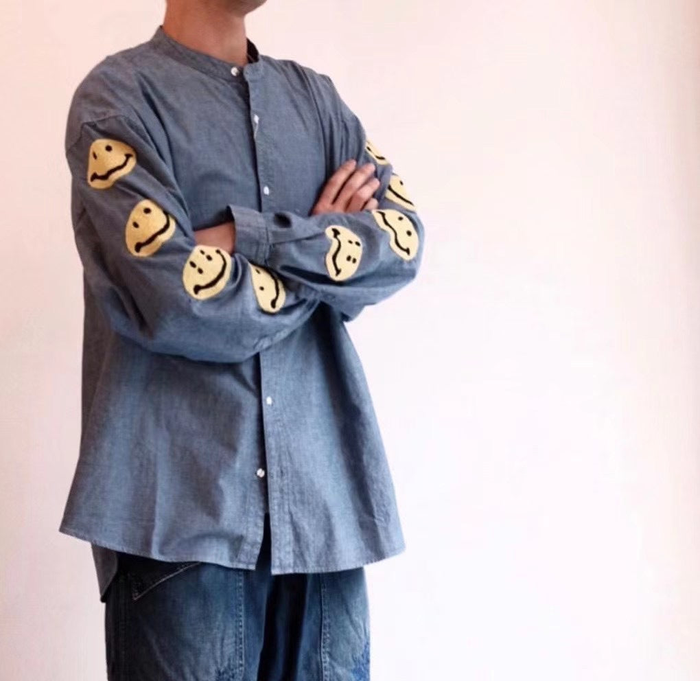 Vintage Hirata and Hiroshi Nippon Heavy Industries Smiley Embroidered Men's and Women's Loose Denim Shirts and Jackets