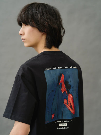 Artist limited illustration print round collar short sleeve summer loose slightly shoulder T-shirt