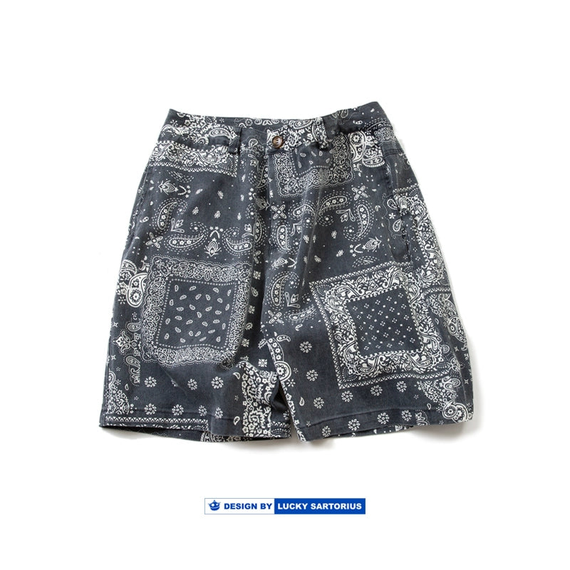 Summer Japanese men's washed charcoal gray cashew flower loose casual shorts men's youth five-point pants beach pants tide