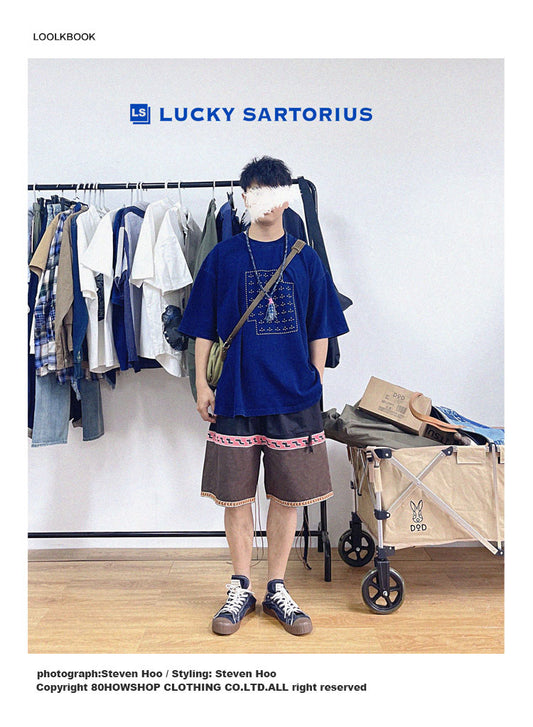 Blue-dyed hand-made thorn embroidery Cotton short-sleeved T-shirt