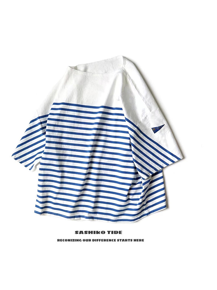 striped color-blocking three flags five-point sleeve round neck loose short-sleeved T-shirt