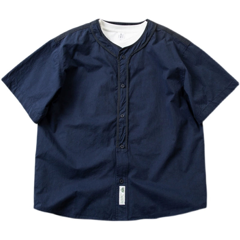 Japanese cityboy style loose version collarless short-sleeved shirt summer youth casual color matching shirt jacket men