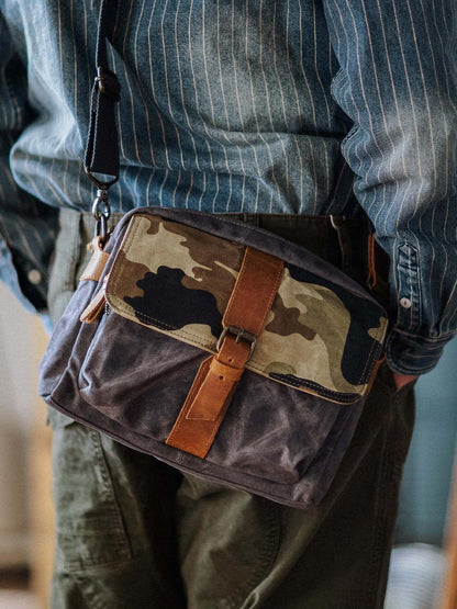 Japanese Vintage Camouflage Canvas Crossbody Bag – Indigo Cowhide Leather Messenger Shoulder Bag