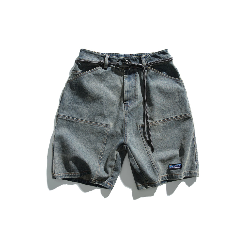 In summer, the new American trend washed denim shorts, men's fashion brand loose detachable strap, loose five-point medium pants tide