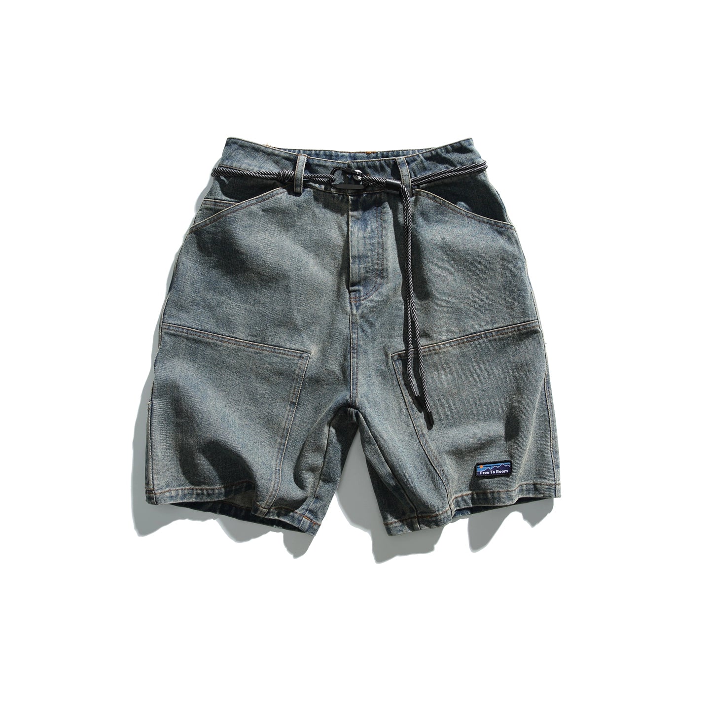 In summer, the new American trend washed denim shorts, men's fashion brand loose detachable strap, loose five-point medium pants tide