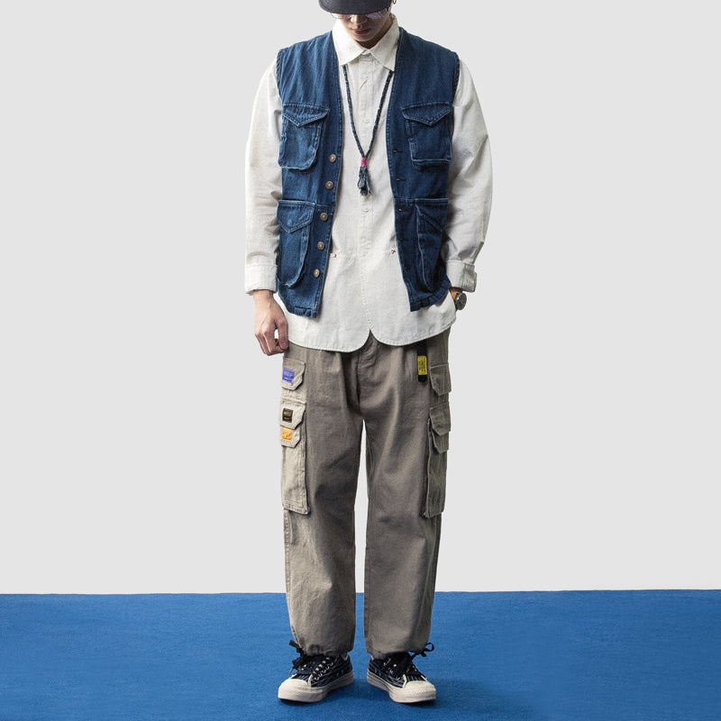 Spring and summer Japanese men's three-dimensional multi-pocket frock style jeans vest outdoor outer men's fashion