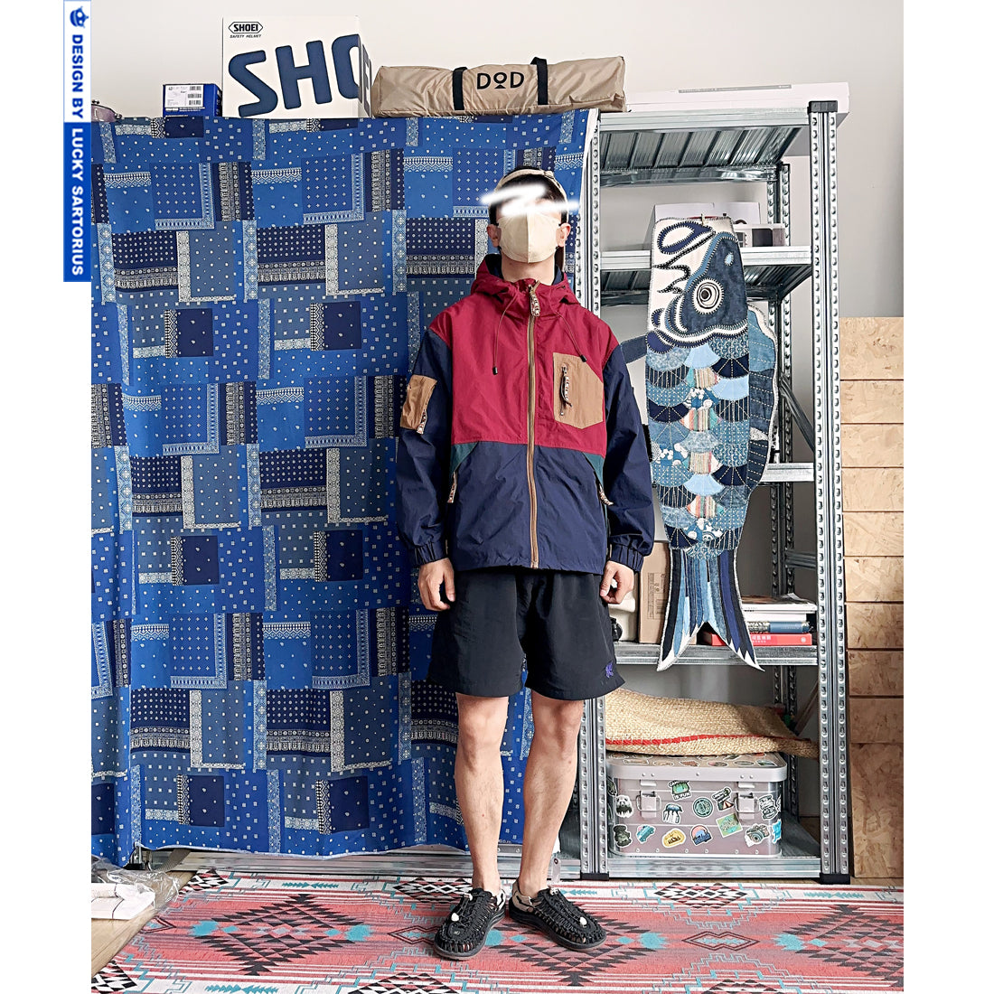 Japanese men's vintage color-block hooded outdoor windproof multi-pocket casual jacket for young men and women