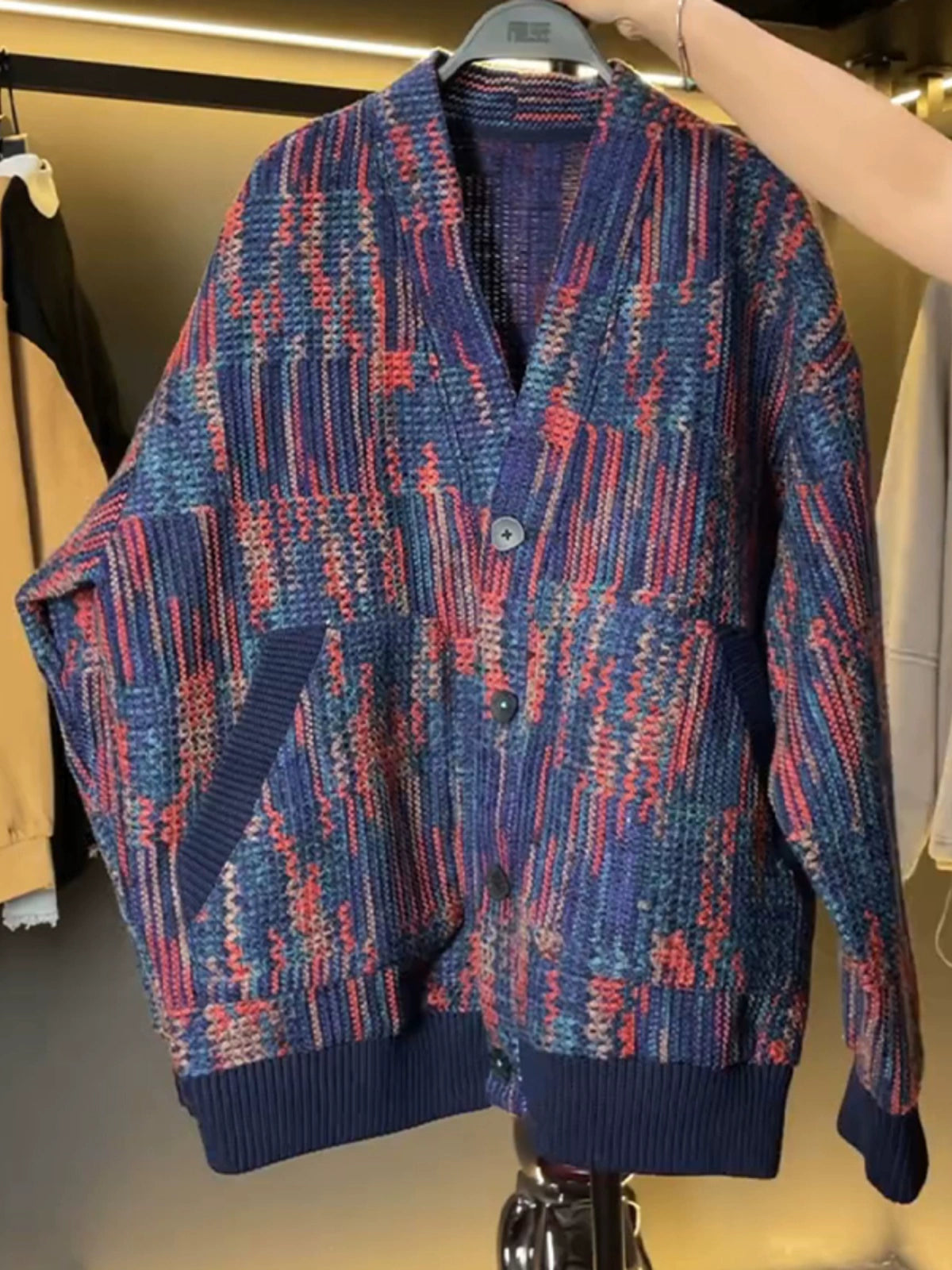 Fall 2024 New Contrasting Knitted Cardigan Jacket Mens American Retro Loose Trend Casual Men's Sweater