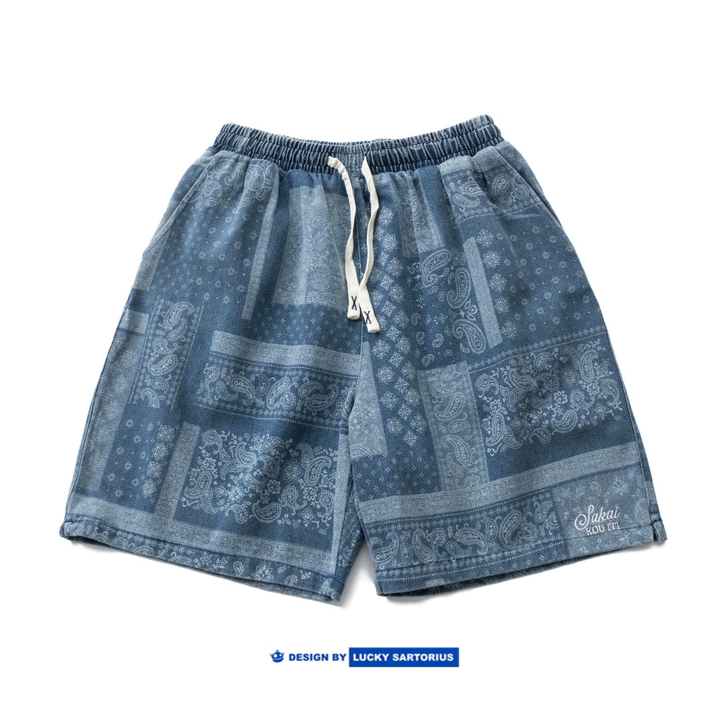 Washed distressed cashew flower pelis pattern print beach shorts casual elasticated waist denim cropped pants for men and women