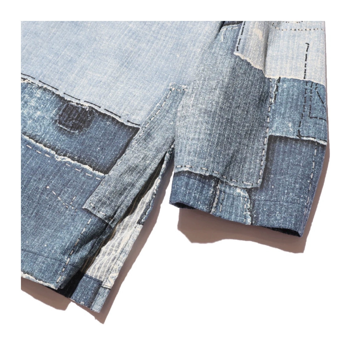 24AW Japanese retro men's and women's printed denim stitching destroyed collarless loose pullover long-sleeved shirt