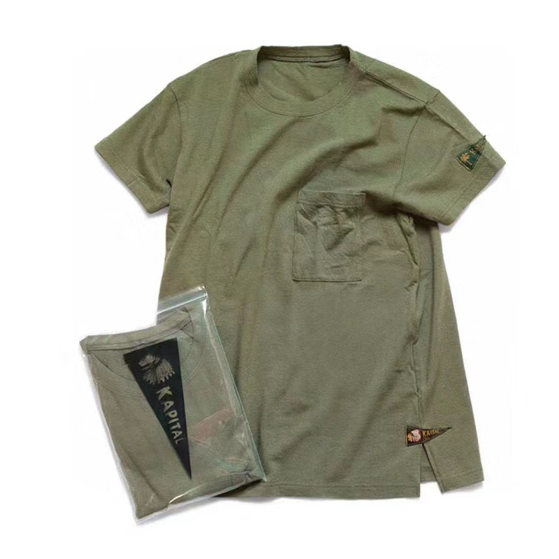 four flags embroidery slub cotton loose trend round neck short-sleeved shirt T-shirt