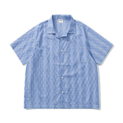 Diamond Texture Striped Short Sleeve Shirt – Loose Unisex Casual Summer
