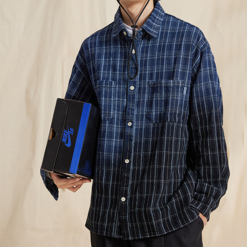 Japanese cotton and linen texture washed gradient blue and black plaid shirt