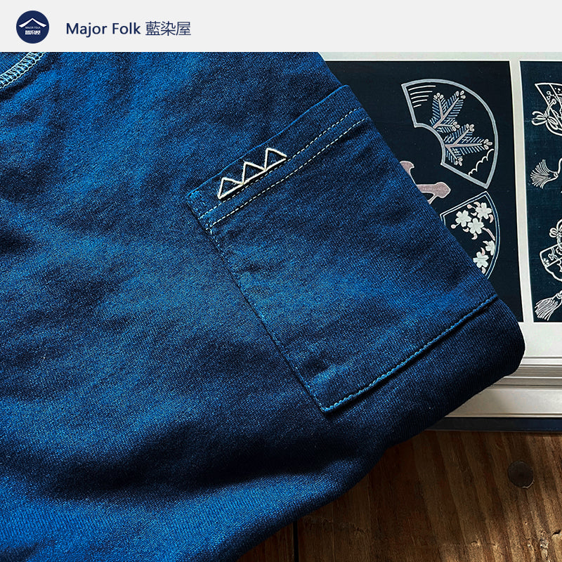 Plant indigo dyeing triangular sashiko embroidery pocket indigo short-sleeved solid color round neck T-shirt indigo men