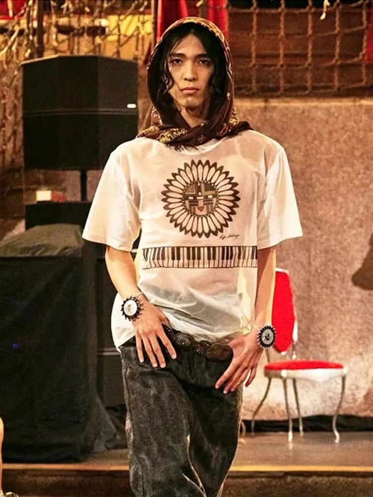 Japanese casual tenzhu cotton print piano key round neck short sleeve T-shirt