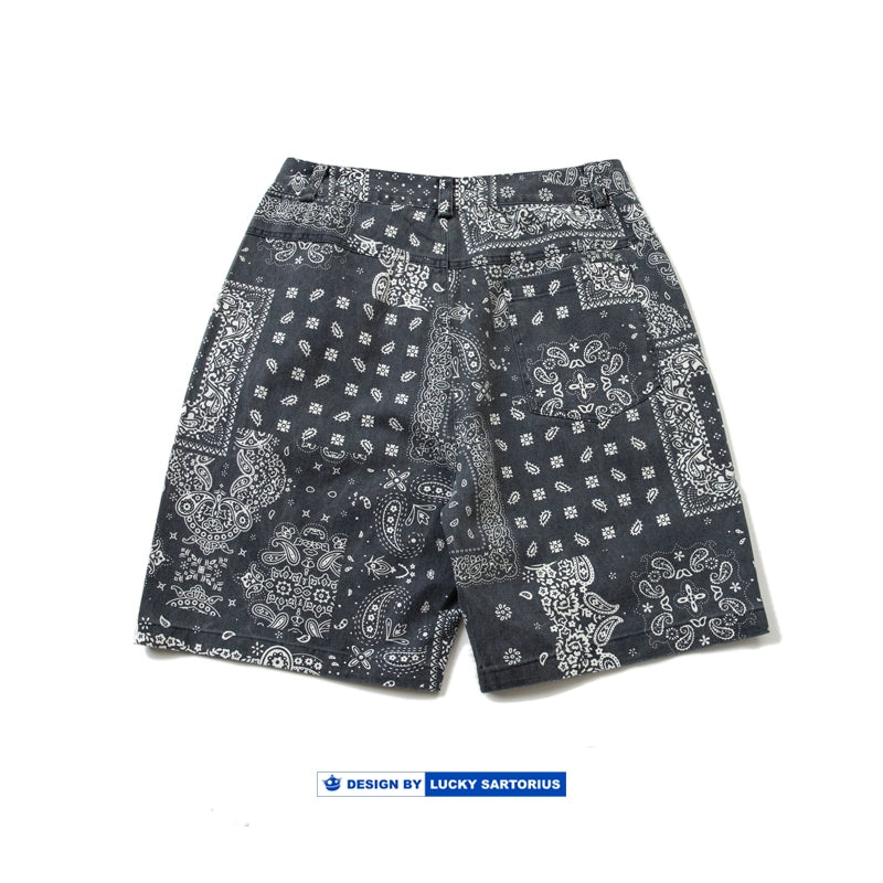 Summer Japanese men's washed charcoal gray cashew flower loose casual shorts men's youth five-point pants beach pants tide