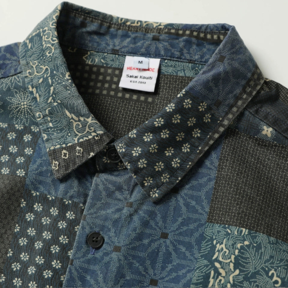 Japanese ethnic style short-sleeved casual shirt, Baijiabu printed cotton top, beach shirt