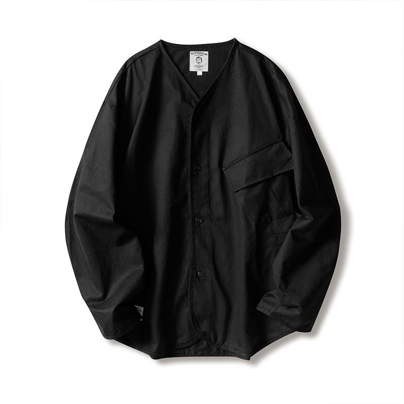 Japanese style men and women loose collarless tooling insert pocket casual all-match jacket shirt details full score