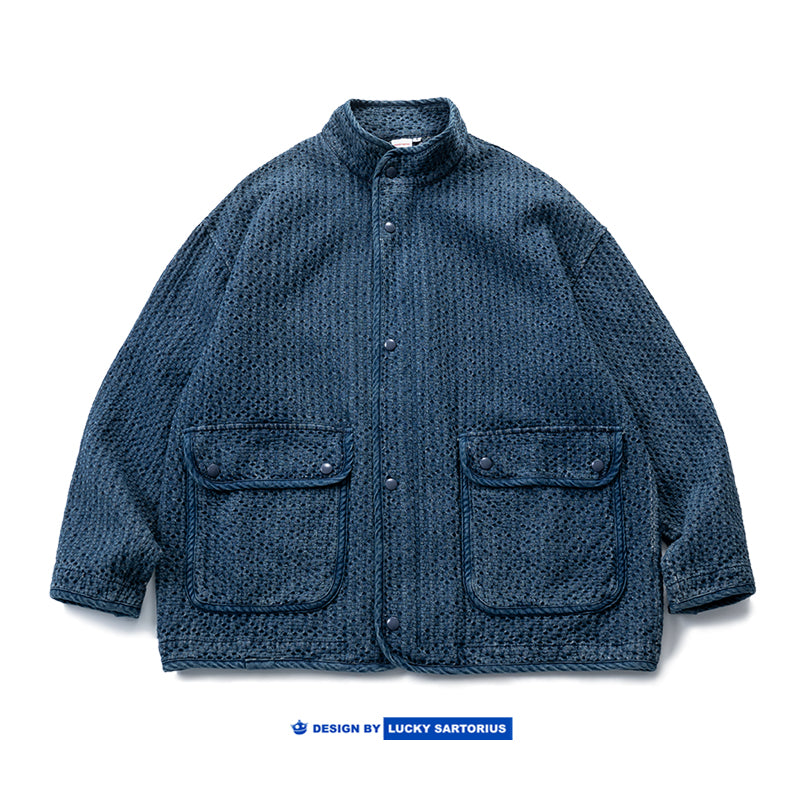 Japanese spring and autumn style, old imitation Kendo cloth texture, stand collar, blue overalls jacket