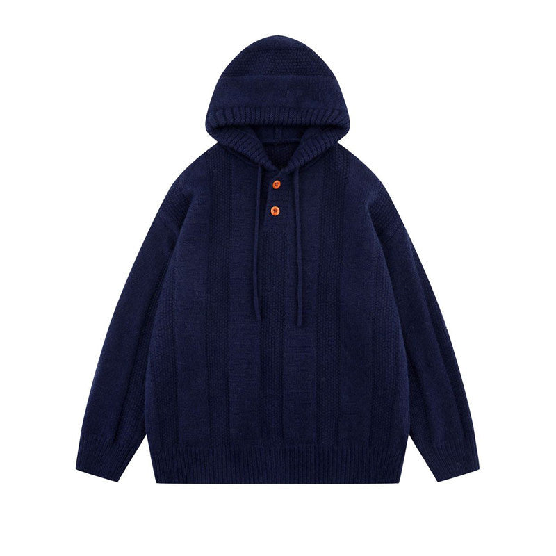 Japanese Hooded Knit Pullover – Unisex Oversized Thick Blue Coffee