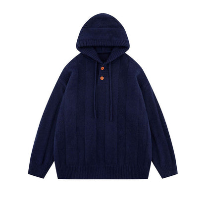 Japanese Hooded Knit Pullover – Unisex Oversized Thick Blue Coffee