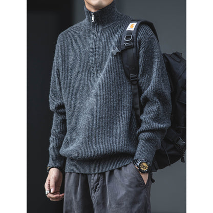 American Vintage Half-Zip Stand Collar Knit Pullover Sweater – Loose Unisex Autumn Winter – Japanese vintage | yamalin clothes | Yamalinclothes