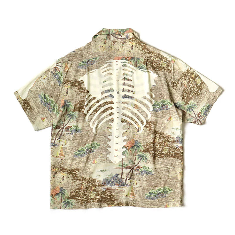 Japanese casual bone Hawaiian print Cuban collar loose short-sleeved shirt