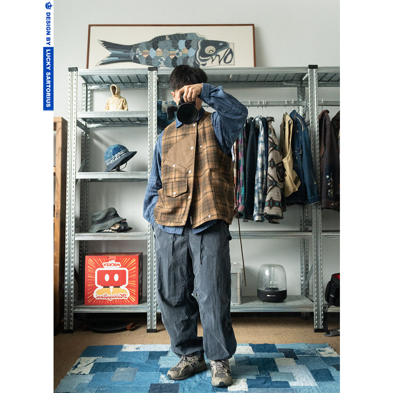 Washed, distressed, navy blue, loose straight-leg, wide-leg slacks, tucked in paratroopers, cargo pants, men's and women's