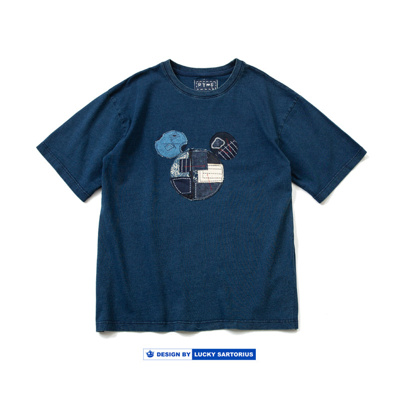 Vintage original blue-dyed hand-embroidered patch patch T-shirt