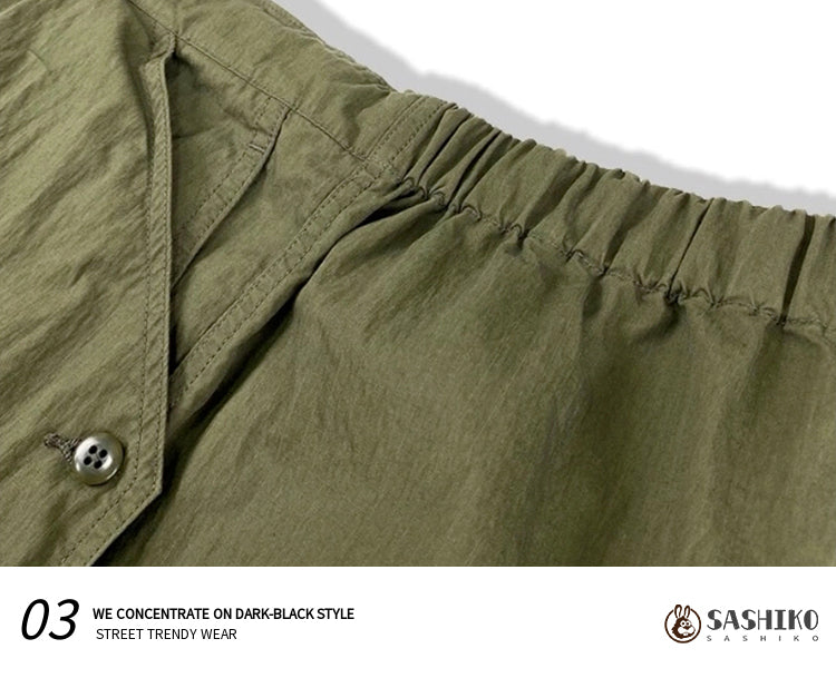 Japanese fashion loose tapered army green buckle military style casual pants