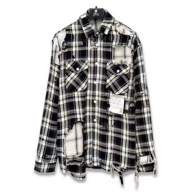 Japanese black and white checkered distressed double-layer shirt jacket