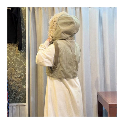 Kapital 25AW Japanese Warm Vest - Fur Collar Herringbone Hooded Casual Outerwear