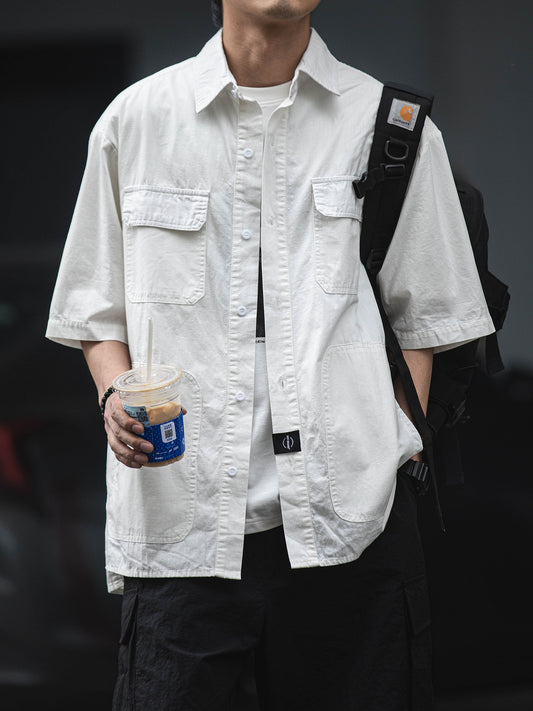 Summer Japanese silhouette bamboo cotton cargo short-sleeved shirt men's loose three-quarter sleeve casual shirt trend – Japanese vintage | yamalin clothes | Yamalinclothes