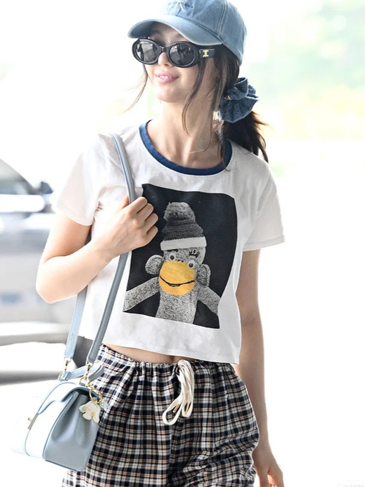 Japanese unisex cartoon little monkey print loose casual crew neck short sleeve T-shirt