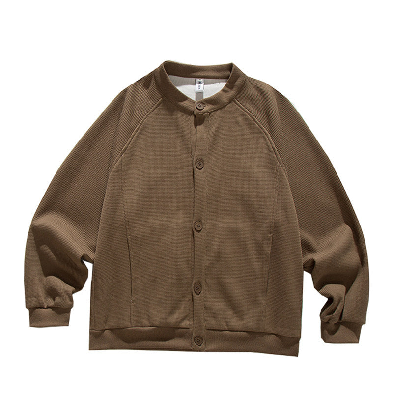 Heavyweight Japanese Waffle Henley Cardigan – Loose Raglan Sleeve Unisex Sweatshirt