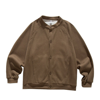 Heavyweight Japanese Waffle Henley Cardigan – Loose Raglan Sleeve Unisex Sweatshirt
