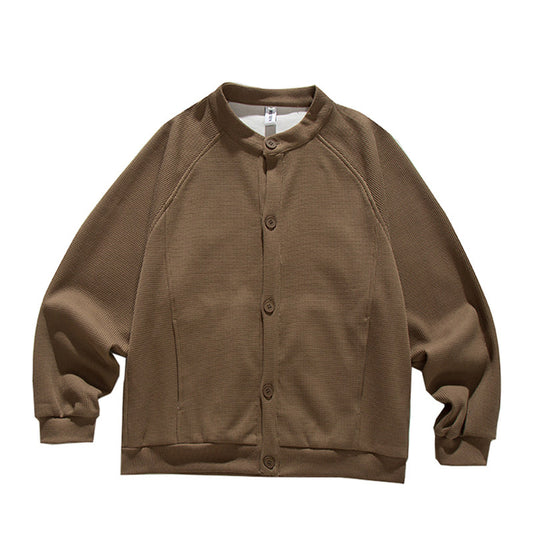Heavyweight Japanese Waffle Henley Cardigan – Loose Raglan Sleeve Unisex Sweatshirt