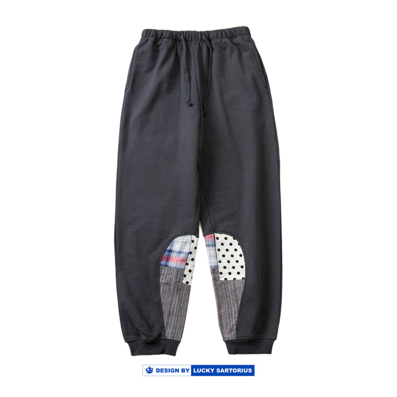 Japanese retro heavy high-gram weight cotton pants ethnic style water drop splicing elements men's elastic waist casual pants